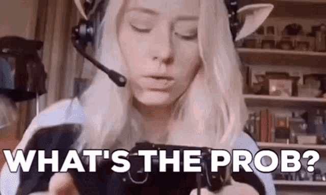a woman wearing headphones and a microphone is playing a video game and asking what 's the prob ?