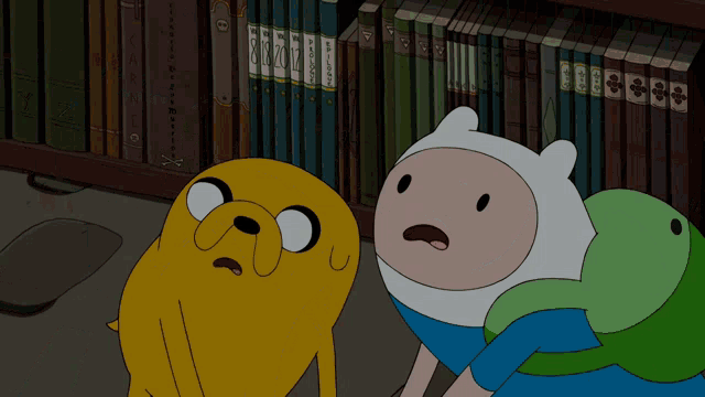 a cartoon character named jake and finn are looking at books