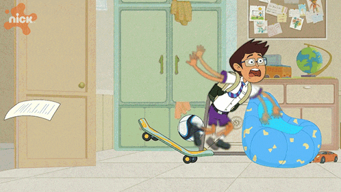 a cartoon of a boy laying on his back on a bed with a bulletin board behind him that says nick