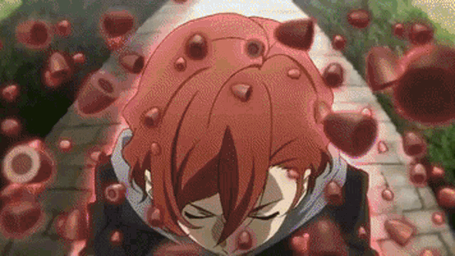 a close up of a person with red hair surrounded by red flowers .