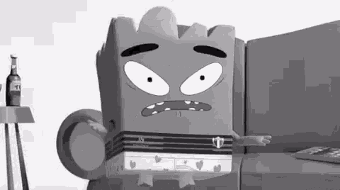 a black and white cartoon character is sitting on a couch with a bottle of alcohol on a table .