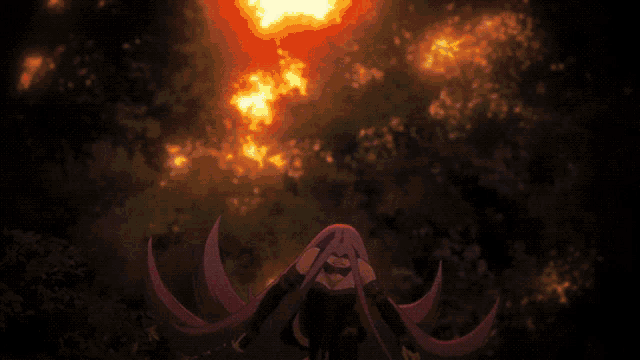a woman with long pink hair is standing in front of a large fire