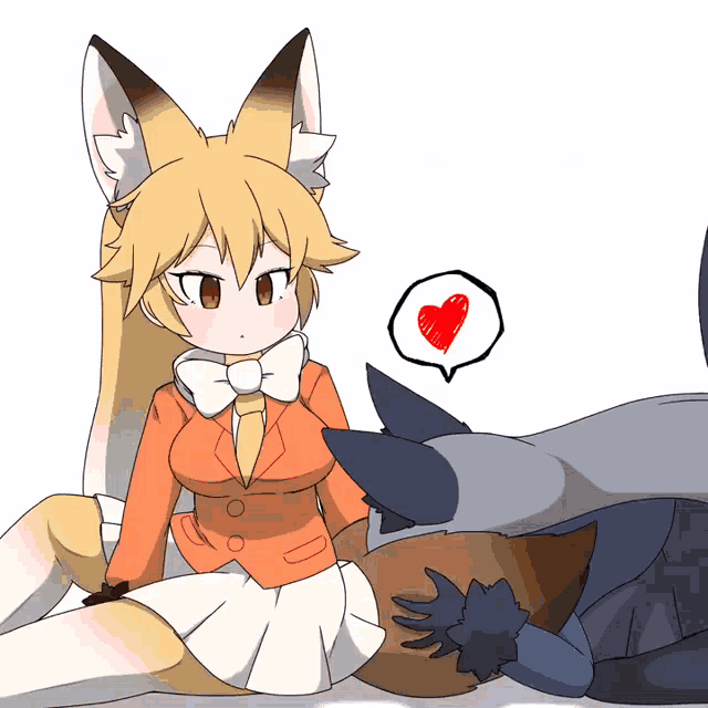 a cartoon drawing of a fox with a heart in a speech bubble above her head