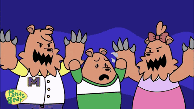 a cartoon of three bears with the word pants bear on the bottom