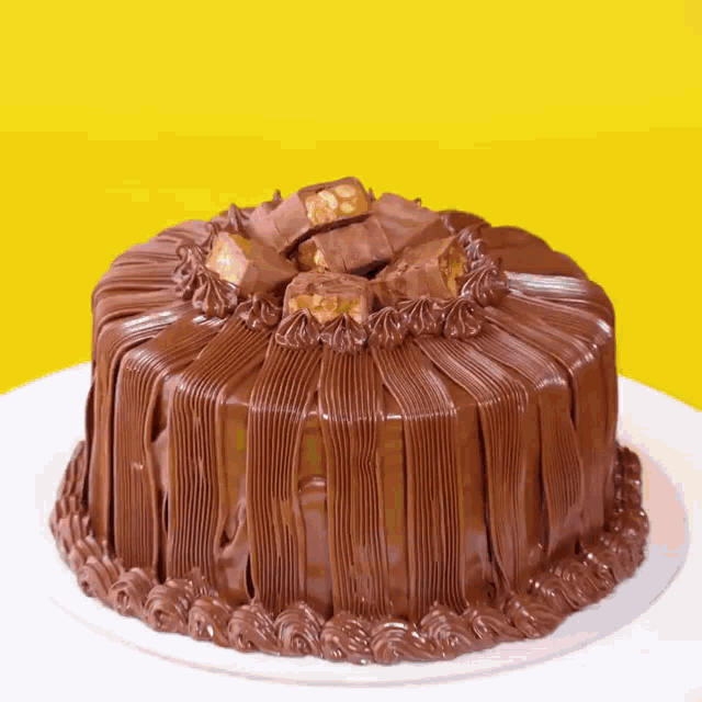 a chocolate cake with nuts on top of it on a white plate