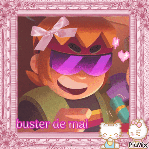 a picture of a girl with a pink bow on her head and the words buster de mai