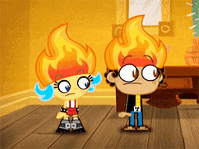 a boy and a girl with flames on their hair are standing next to each other