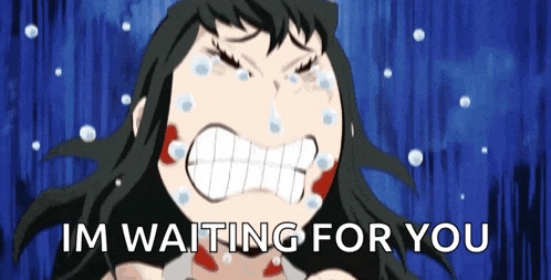 a cartoon of a girl crying with the words " im waiting for you " above her
