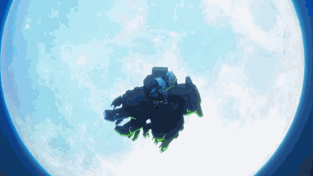 a robot is flying in front of a blue moon
