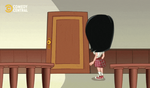 a cartoon of a girl standing in front of a door with the words comedy central on the bottom
