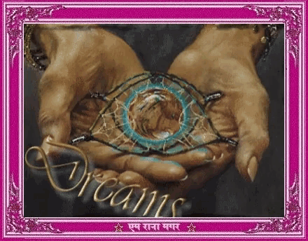 a painting of a woman holding a dream catcher with the word dreams written on it