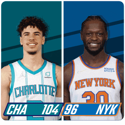 two basketball players from charlotte and new york are shown