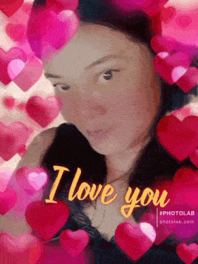 a woman is surrounded by pink hearts with the words i love you on the bottom