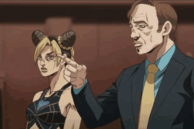 a man in a suit and tie stands next to a woman with horns on her head