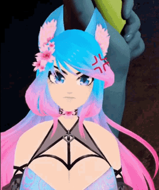 a girl with blue and pink hair and a flower in her hair has an angry expression on her face