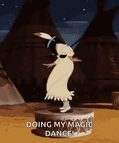 a cartoon of a woman dancing on a drum with the words doing my magic dance .