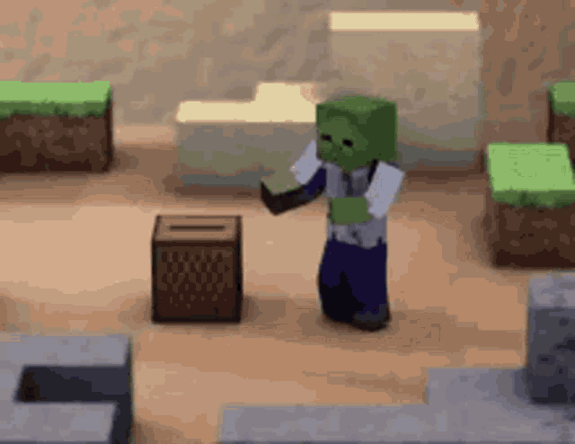 a minecraft zombie is standing next to a box in a video game .