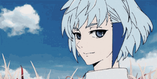 a drawing of a girl with short white hair and blue eyes