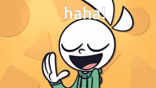 a cartoon character with a big smile on his face and the words haha behind him
