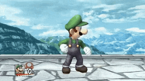 a video game screen shows a character named luigi with a 0 % score