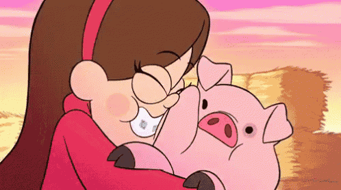 a cartoon girl is holding a pig in her arms and smiling .