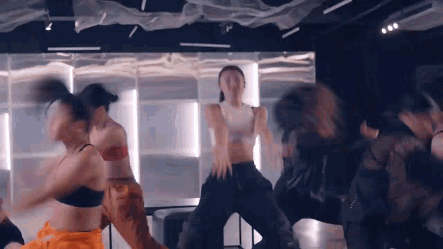 a group of women are dancing together in a room .