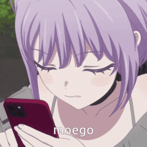 a girl with purple hair is looking at a cell phone and the word moego is on the bottom right