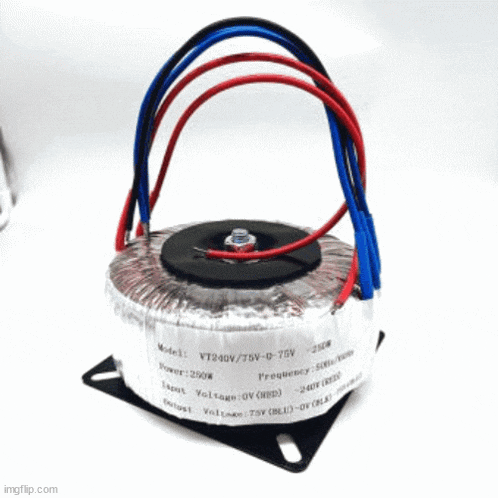 a transformer with red and blue wires coming out of it