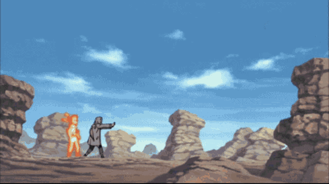 a cartoon of a man holding a sword in front of a rock formation