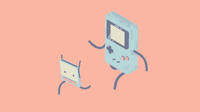a cartoon drawing of a game boy with arms and legs on a pink background