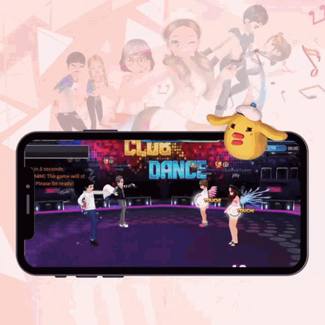 a cell phone displays a game called club dance