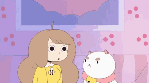 a cartoon girl with a bee on her shirt is talking to a white cat