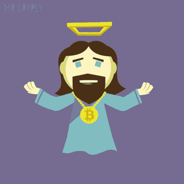 a cartoon of jesus wearing a necklace with a bitcoin symbol on it