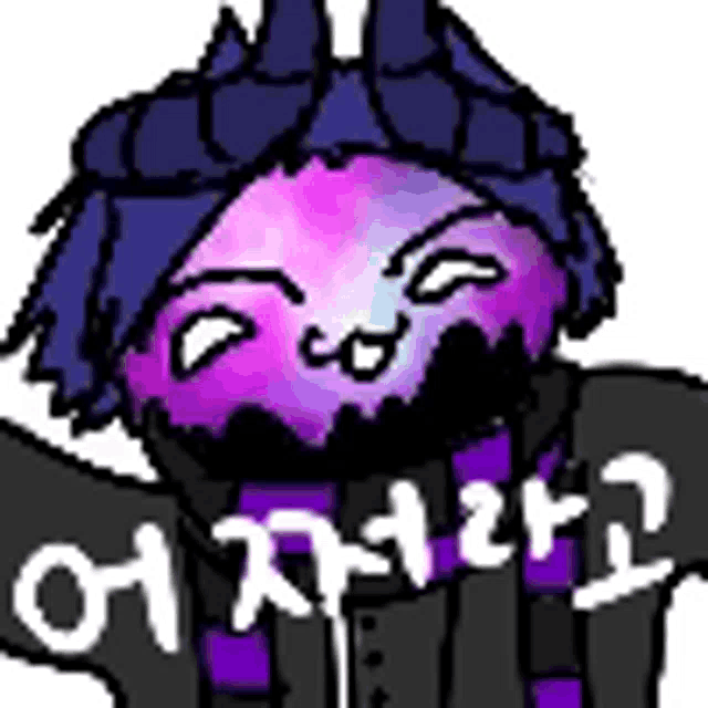 a drawing of a person with a purple face and a purple scarf .