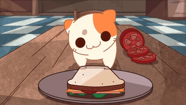 a cartoon cat is standing next to a sandwich on a plate on a table