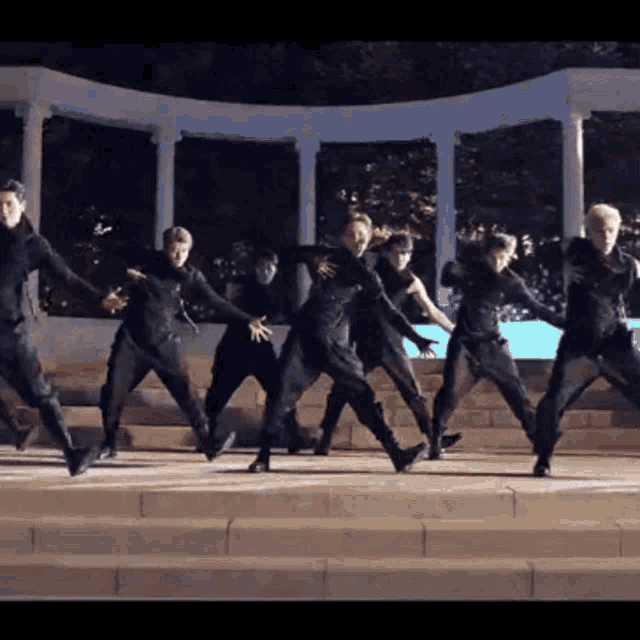 a group of men are dancing in a line on a stage .