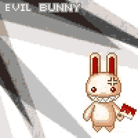 a pixel art of an evil bunny holding a knife in front of a white background .