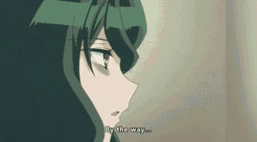 a girl with green hair and purple eyes says " by the way "