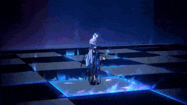 a video game character is standing on a chess board