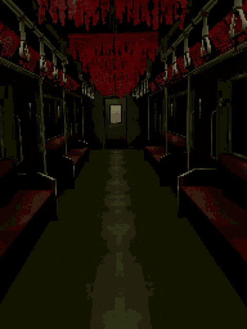 a dark hallway with a few seats and a ceiling with red letters