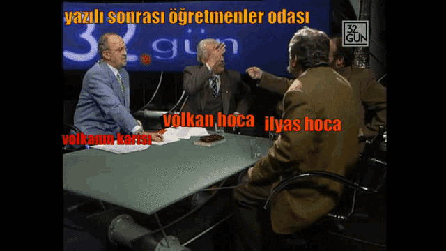 a group of men sitting at a table with the words volkan hoca ilyas hoca written on the screen