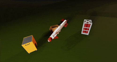 a cartoon drawing of a rocket a box and a box with red bullets in it