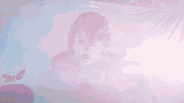 a pixelated image of a woman floating in a hot tub
