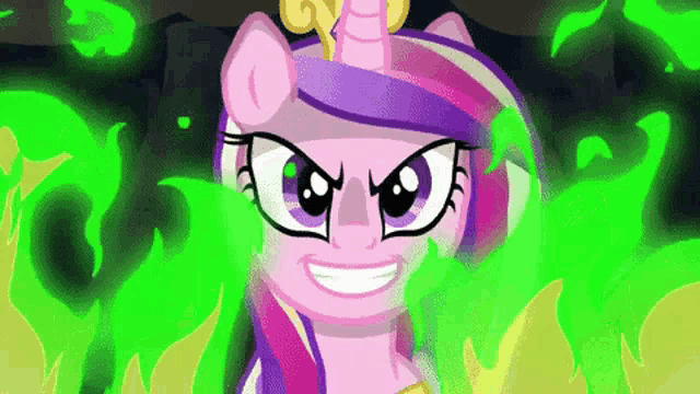 princess cadence from my little pony is smiling and surrounded by green flames and leaves .