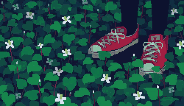 a pixel art drawing of a pair of red sneakers surrounded by green leaves and flowers