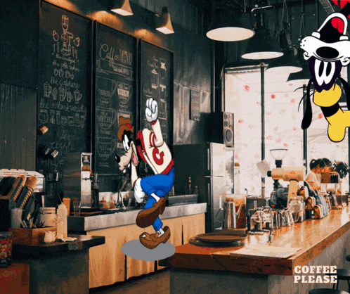 a cartoon character in a coffee shop with the words coffee please on the bottom