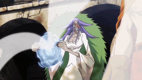 a cartoon of a woman with purple hair holding a sphere