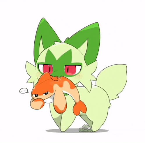 a cartoon drawing of a cat holding a fish with a speech bubble above it