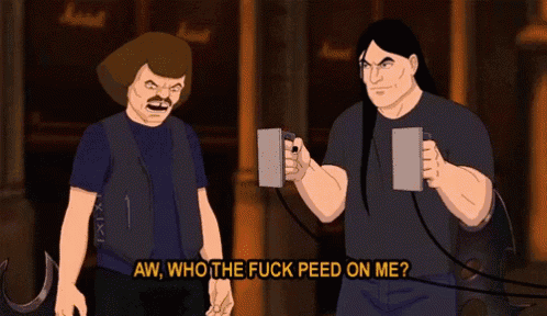 two cartoon characters are standing next to each other and one of them is asking the other " aw who the fuck peed on me "