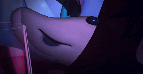 a close up of a cartoon character 's face with a glass in the background